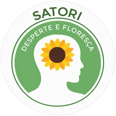 Logo da Satori: perfil humano com um girassol, em um selo verde.